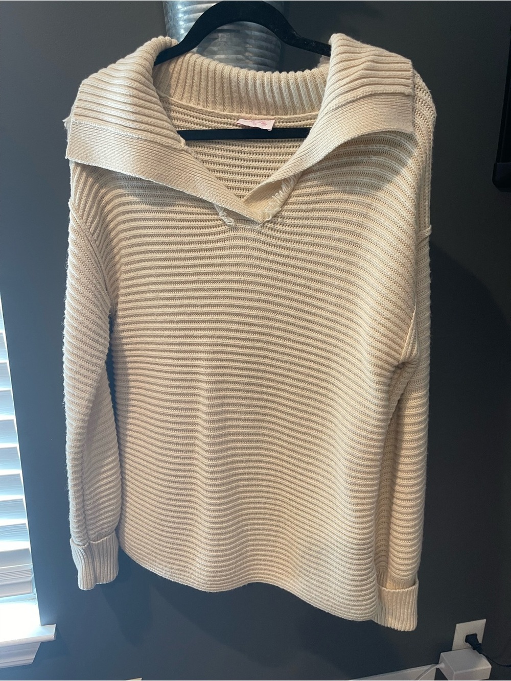 Pink Lily Women's Cream Ribbed Knit Sweater with Foldover Collar